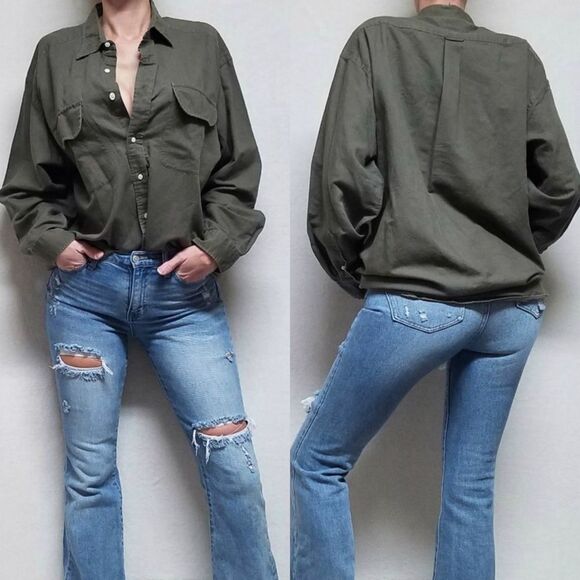 VINTAGE 1990s Tommy Hilfiger Army Green Linen Unisex Button Up Long Sleeve Shirt - Picture 1 of 16